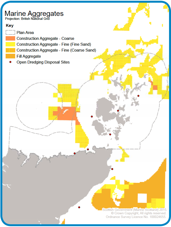 Map 23: Marine aggregate deposits in and around the Pentland Firth and Orkney Waters area. This map also includes open disposal sites for dredging activity.