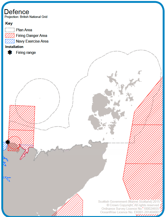 Map 24: Military practice and exercise areas in the Pentland Firth and Orkney Waters area. The map also shows the firing range installation at Cape Wrath.
