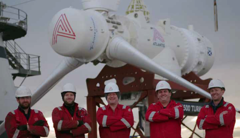 Workers in front of an AR1500 turbine, used in the world's flagship tidal stream project, MeyGen, in Scotland's Pentland Firth (Credit: Highlands and Islands Enterprise)