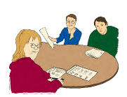 Three people around a table reading a report