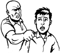 A man aggressively grabbing another man by the shoulder. The man being grabbed looks frightened