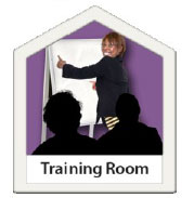 A woman pointing at a clipboard in a training room