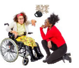 An angry person in a wheelchair throwing a cup.