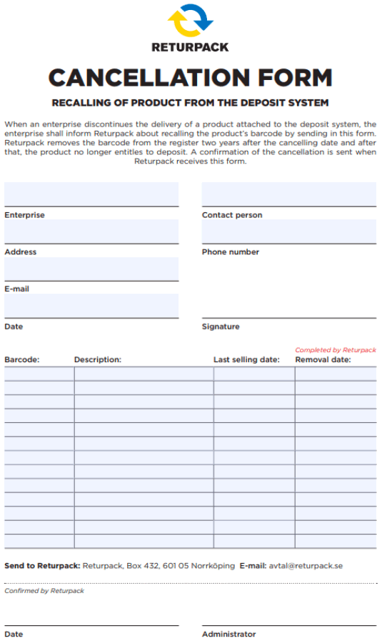 Product Cancellation Form Example
