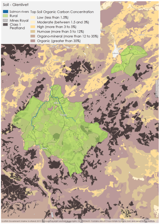 Figure 14: Glenlivet rural estate top soil organic carbon concentration and class 1 peatland
