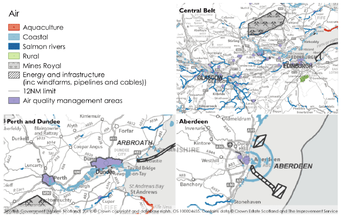 Figure 19: SCE assets and AQMAs in Perth, Dundee, Aberdeen and the Central Bel