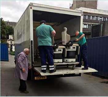 NHS Greater Glasgow and Clyde loading the 16 dental chairs donated for the MalDent project that were removed some years ago from a Glasgow clinic during a refurbishment programme.
