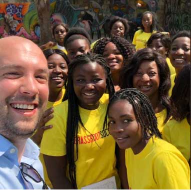 Minister for Europe, Migration and International Development, Ben Macpherson meets participants in the Levelling the Field, ActionAid/Grassroots Soccer SKILLZ programme in Lusaka.