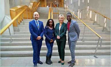 Promise Matatiyo and Joanna Ziwa, two Young Malawian Climate Leaders, meet with Ben Macpherson, Minister for Europe, Migration and International Development and Roseanna Cunningham, Cabinet Secretary for Environment, Climate Change and Land Reform, in the Scottish Parliament