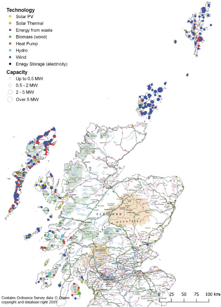 Map showing renewables assets on Scotland’s islands