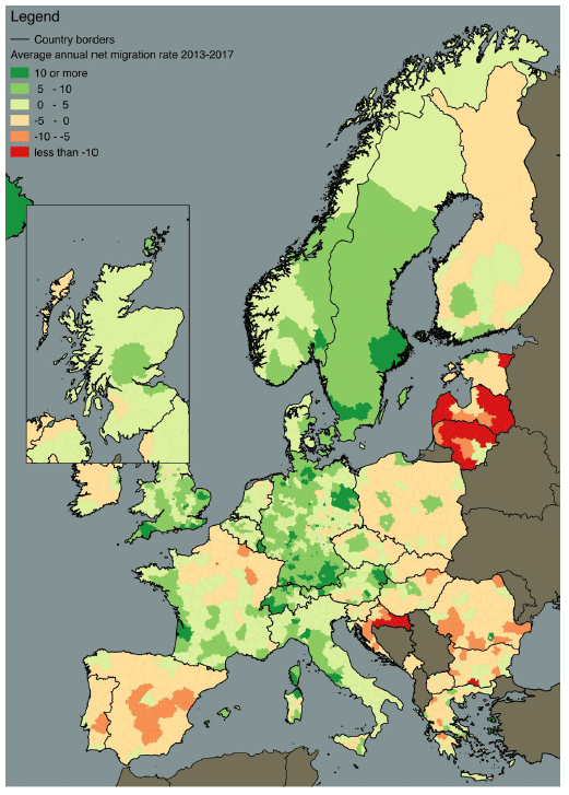 Figure 1.12  Average annual net migration rate by NUTS 3 region (per 1,000 inhabitants), 2013-2017
