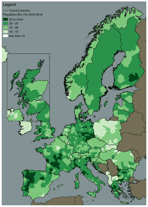 Figure 1.14 Population aged 65+ by NUTS 3 region (percent), 2013-2017
