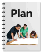 A document with the title 'plan'. It has an image of three people looking at a piece of paper.