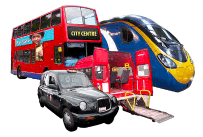Types of transport – a bus, train, van and taxi.