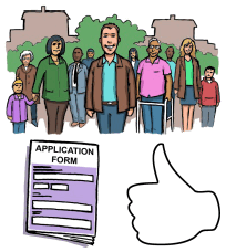 A diverse group of people in the community. Below them is an application form and a ‘thumbs up’ symbol next to it.