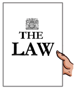A hand holding a document with ‘The Law’ written on the cover