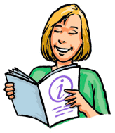 A smiling woman reading a booklet with an information symbol on the cover