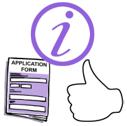 An information symbol above an application form, with a ‘thumbs up’ symbol next to it.