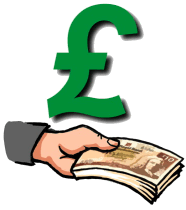 A pound sign with a hand below it, holding a number of ten pound notes.