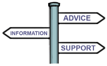 A signpost with signs reading ‘information, ‘advice’ and ‘support’