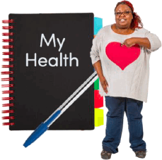 A woman pointing to herself. A notebook with the title “My Health”