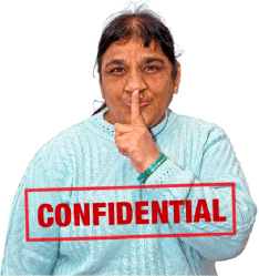 A woman making the “shh” sign with her hands with the word “confidential”