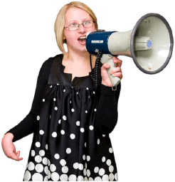 A woman with a megaphone saying something