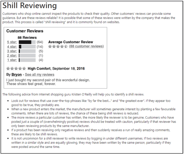 Figure 17: Example of an S3 Understanding, analysing and evaluating text, 'Shill Reviewing'