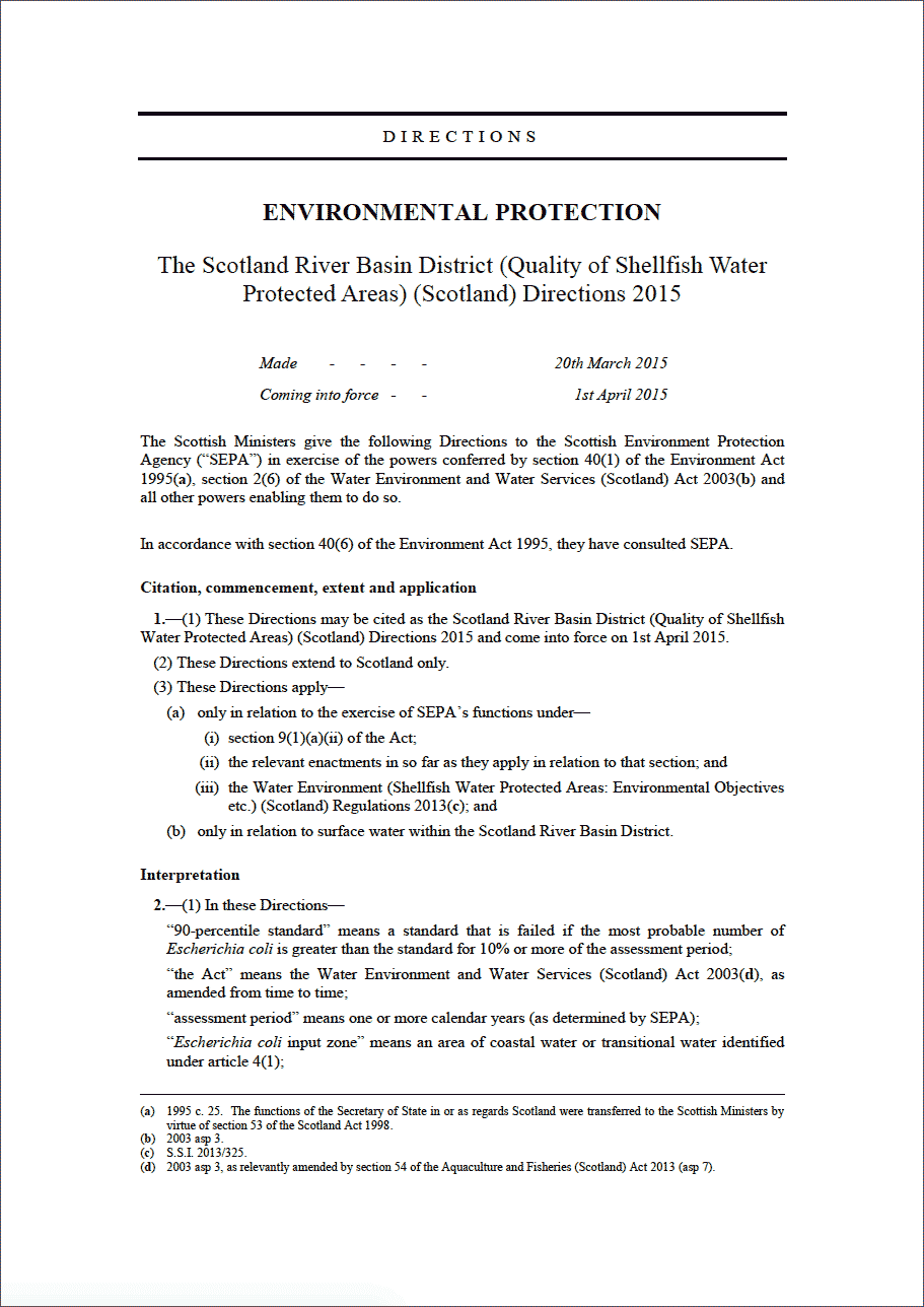 The Scotland River Basin District (Quality of Shellfish Water Protected Areas) (Scotland) Directions 2015 The Scotland River Basin District (Quality of Shellfish Water Protected Areas) (Scotland) Directions 2015