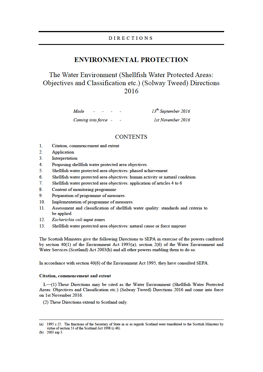 Environmental Protection: The Water Environment (Shellfish Water Protected Areas: Objectives and Classification etc.) (Solway Tweed) Directions 2016 - page 1