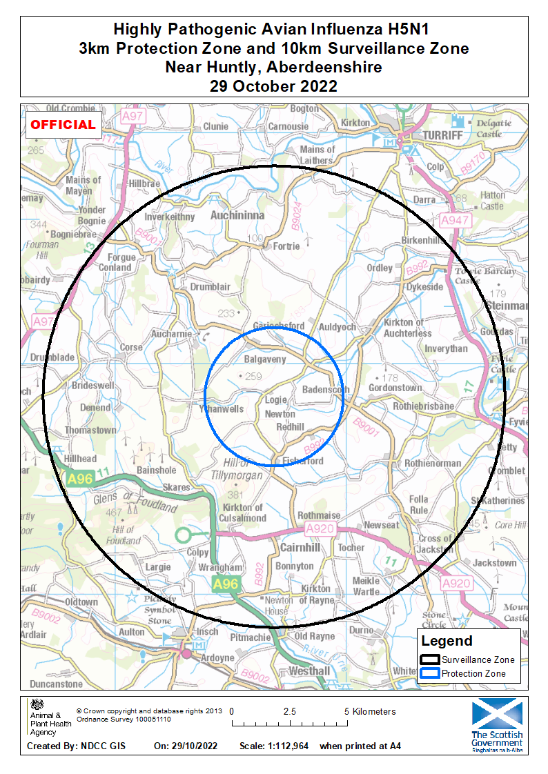 Map showing a 3km Protection and 10km Surveillance Zone for highly pathogenic Avian Influenza H5N1 near Huntly, Aberdeenshire.