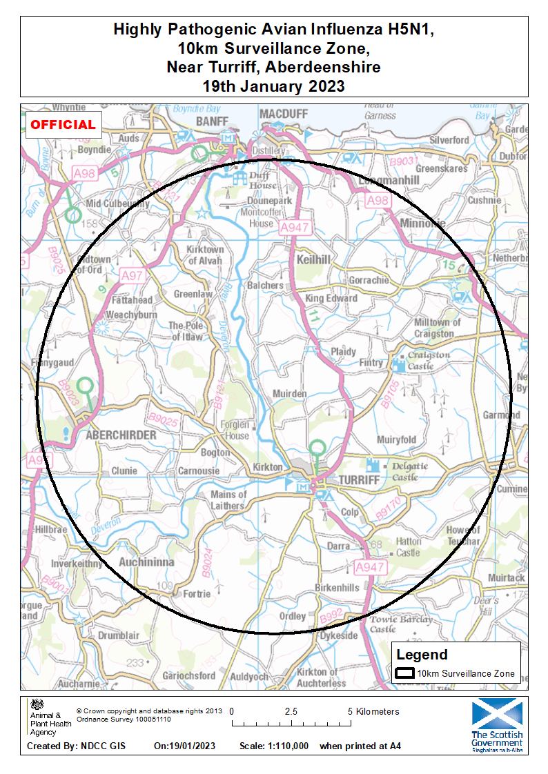 A Surveillance Zone for highly pathogenic avian influenza H5N1, covering a 10km area near Turriff, Aberdeenshire.