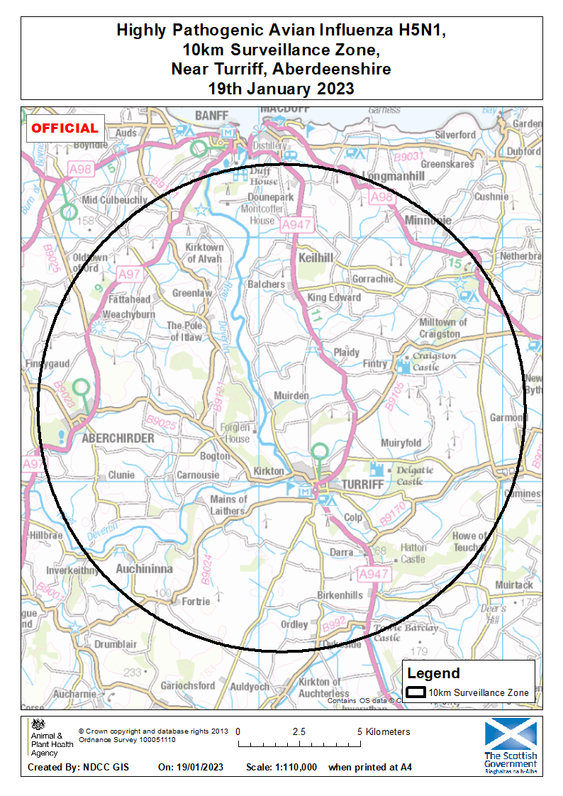 10km surveillance zone for highly pathogenic avian influenza H5N1, near Turriff, Aberdeenshire.