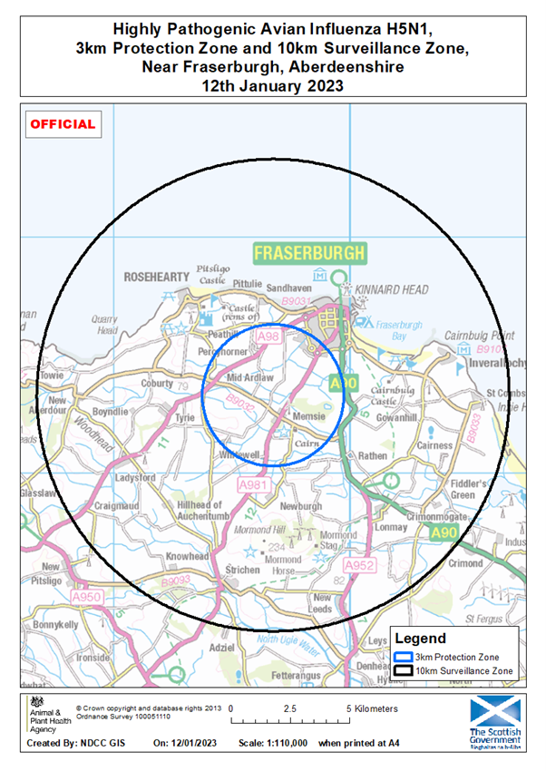 Map showing a 3km Protection Zone and 10km Surveillance Zone for highly pathogenic Avian Influenza H5N1, near Fraserburgh, Aberdeenshire.