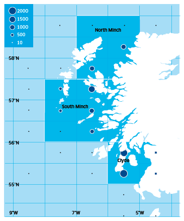 Distribution of Scottish west coast Nephrops landings landings (tonnes) in 2008 (UK vessels into Scotland
