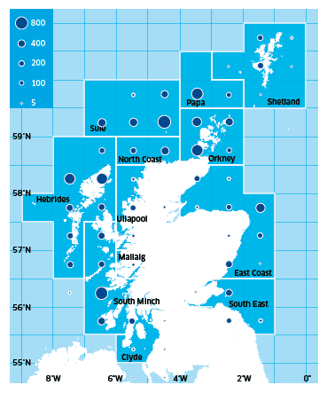 Creel fishery assessment areas and Scottish brown crab landings (tonnes) in 2010.