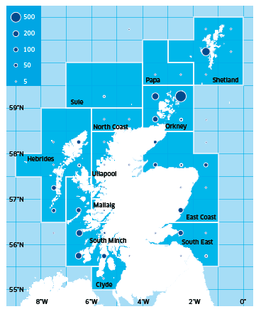 Creel fishery assessment areas and Scottish velvet crab landings (tonnes) in 2010.