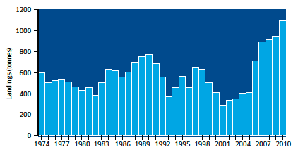 Landings (tonnes) of lobster into Scotland by Scottish vessels, 1974-2010