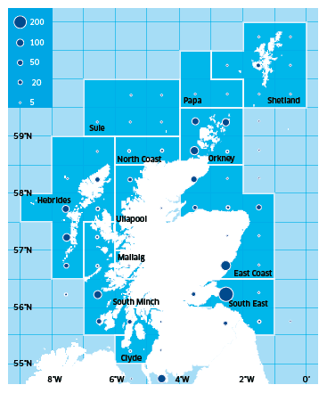 Creel fishery assessment areas and Scottish lobster landings in 2010 (tonnes)