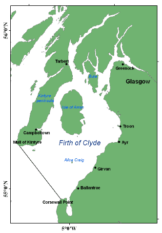 Figure 3.1 The Clyde Sea - defined by the boundary from the Mull of Kintyre to Corsewall Point.
