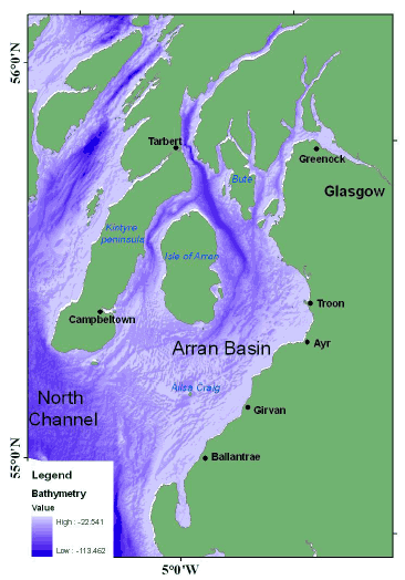 Figure 3.2 Bathymetry of the Clyde Sea. Lightest blue - depths of 22m, darkest blue - depths of 114m.