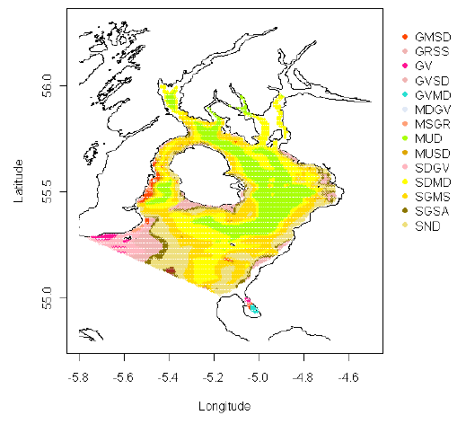 Figure 3.3 Sea bed sediments of the Clyde using the Folk triangle classification based on the gravel percentage and the sand to mud ratio. See Section 9.3.4 for a full explanation of sediment type codes.
