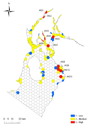 Figure 4.1 Location of species hotspots (shown in red) in the Clyde Sea Area identified by Langmead et al. (2008). The five areas were Northern Loch Fyne (HS2) and Loch Shira (HS1); Irvine Bay (HS8-11); East of Dunoon in the upper Firth of Clyde (HS4); East of Rothesay, Bute (HS7); and The Kyles of Bute (HS6) and Loch Striven (HS3 and 5).