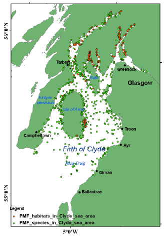 Figure 4.2 The location of Priority Marine Features determined by SNH survey of the Firth of Clyde 2010.