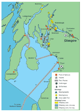 Figure 5.7 Shipping and transport infrastructure in the Firth of Clyde (Source, SSMEI Clyde Pilot, Donnelly et al. 2010).