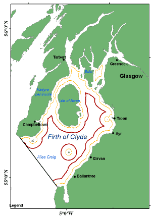 Figure 6.1 The locations of the main Clyde fishing ports where landings have been recorded. Also shown are 1 nm (orange) and 3 nm (red) limits from the coast.