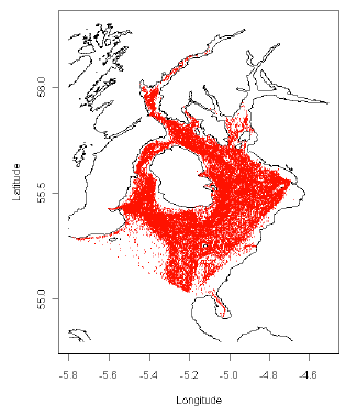 Figure 6.8 The distribution of VMS pings (shown in red) recorded from Nephrops trawlers >12 m length in 2010.