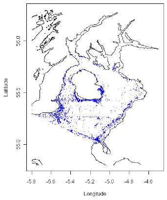 Figure 6.10 The distribution of VMS pings (shown in blue) recorded from scallop vessels >12 m length in 2010.