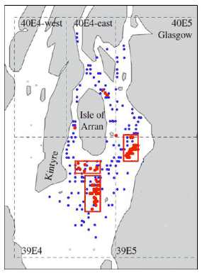Figure 7.3 Map showing the location of trawl sampling locations used in the analysis of HS2011. Also shown are ICES statistical rectangles (dashed lines) they used to obtain landings and discard data. Red symbols indicate the locations of research survey vessel trawl tows performed by Marine Scotland Science using a standard survey gear (the GOV net) after 1985. The three red rectangular cells show the sub-areas used to select other trawl stations (blue symbols) where data was obtained using non-standard fishing gear.