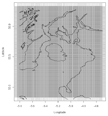 Figure 9.1 Evaluation model grid - 0.25' latitude x 0.5' longitude (approximately 500m x 500m) over the Clyde Sea area.